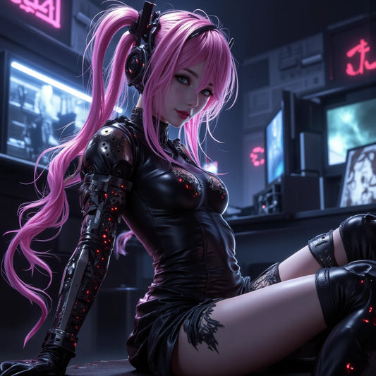 Realistic anime character with pink hair and black outfit in a futuristic setting